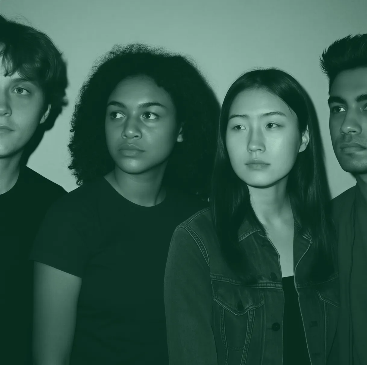 Portrait of four diverse young adults standing close together, all looking slightly to the right with neutral expressions.