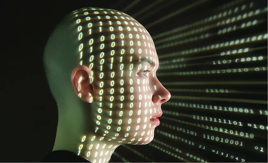 Profile of a bald person with binary code projected onto their face against a dark background.