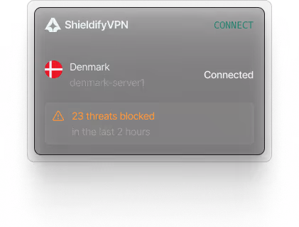 ShieldifyVPN interface showing connection to Denmark server with 23 threats blocked in the last 2 hours.